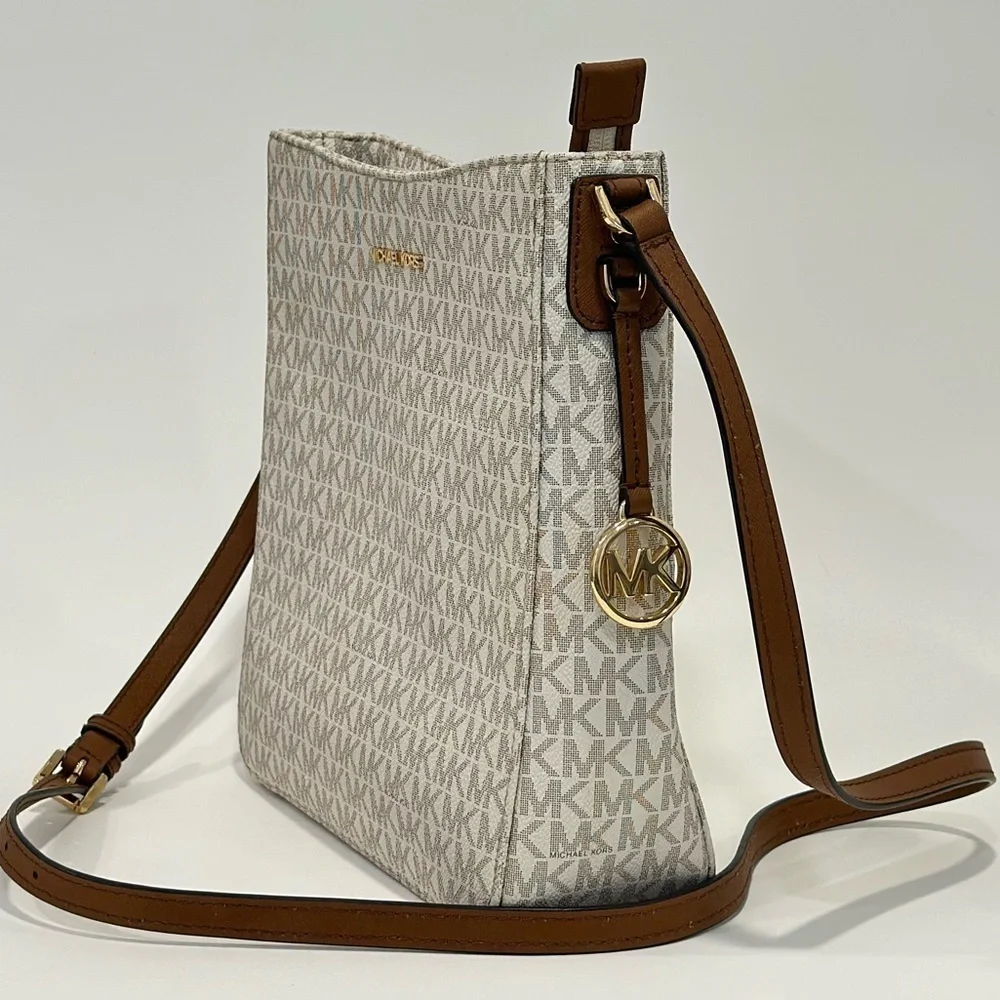 Michael Kors White Logo Crossbody with Brown Strap